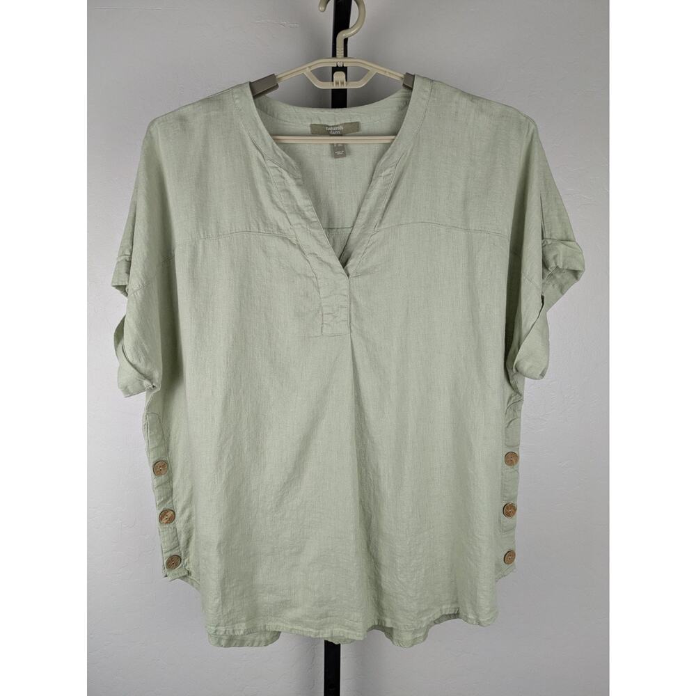 D & Co Naturals muted green linen boxy short sleeve shirt button detail